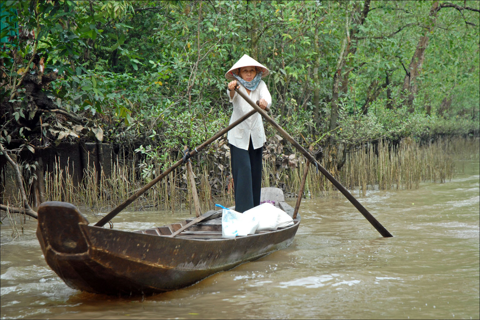 Người phụ nữ chèo xuồng trên kênh nhỏ ở đồng bằng sông Cửu Long